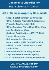 Document checklist for daman PSARA License